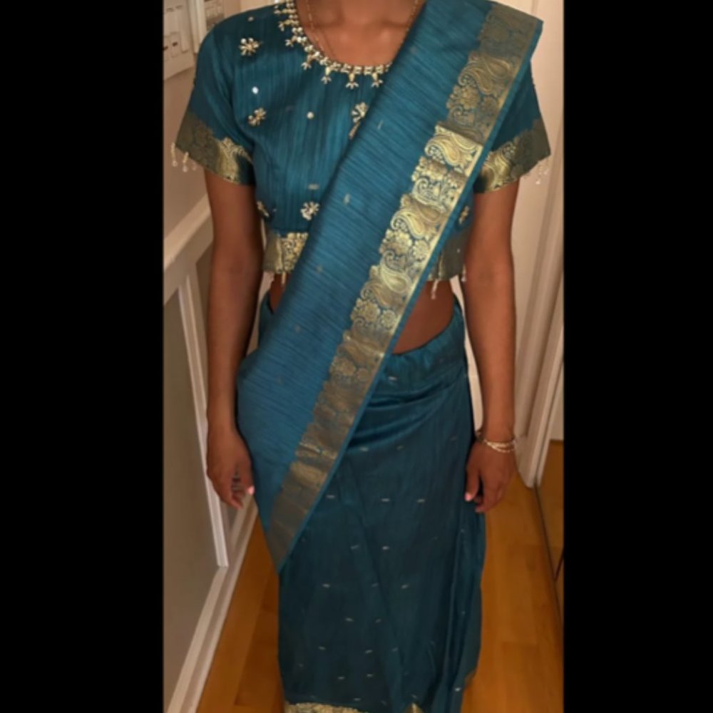 Dark Green / Blue & Gold Saree / Sari / Lehenga